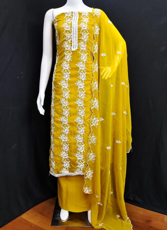 Georgette Yellow Traditional Wear Embroidery Work Dress Material